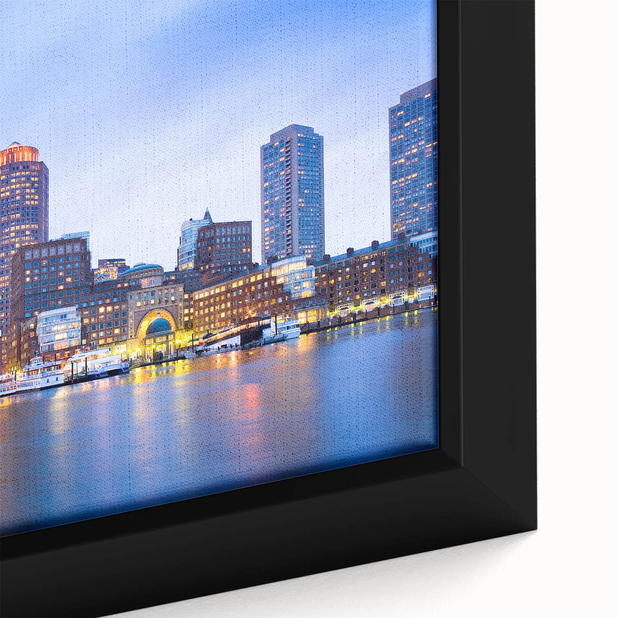 Extra large framed canvas of a textured Boston skyline in black with colorful art accents, ideal for living room decor.