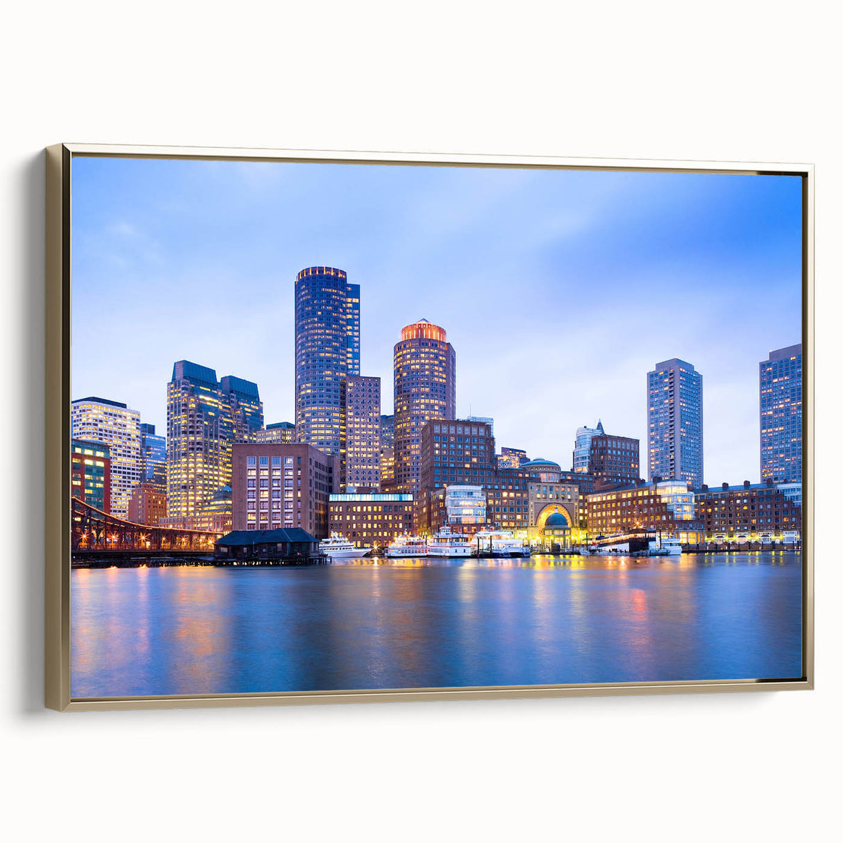 Framed canvas wall art featuring a vintage-style landscape painting of Boston in black and gold tones.