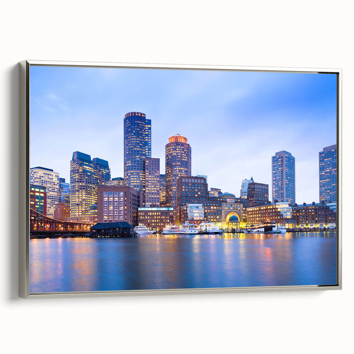 Landscape art painting of Boston skyline in muted gray and colorful accents on a framed canvas, ideal for office decor.