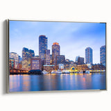 Landscape art painting of Boston skyline in muted gray and colorful accents on a framed canvas, ideal for office decor.