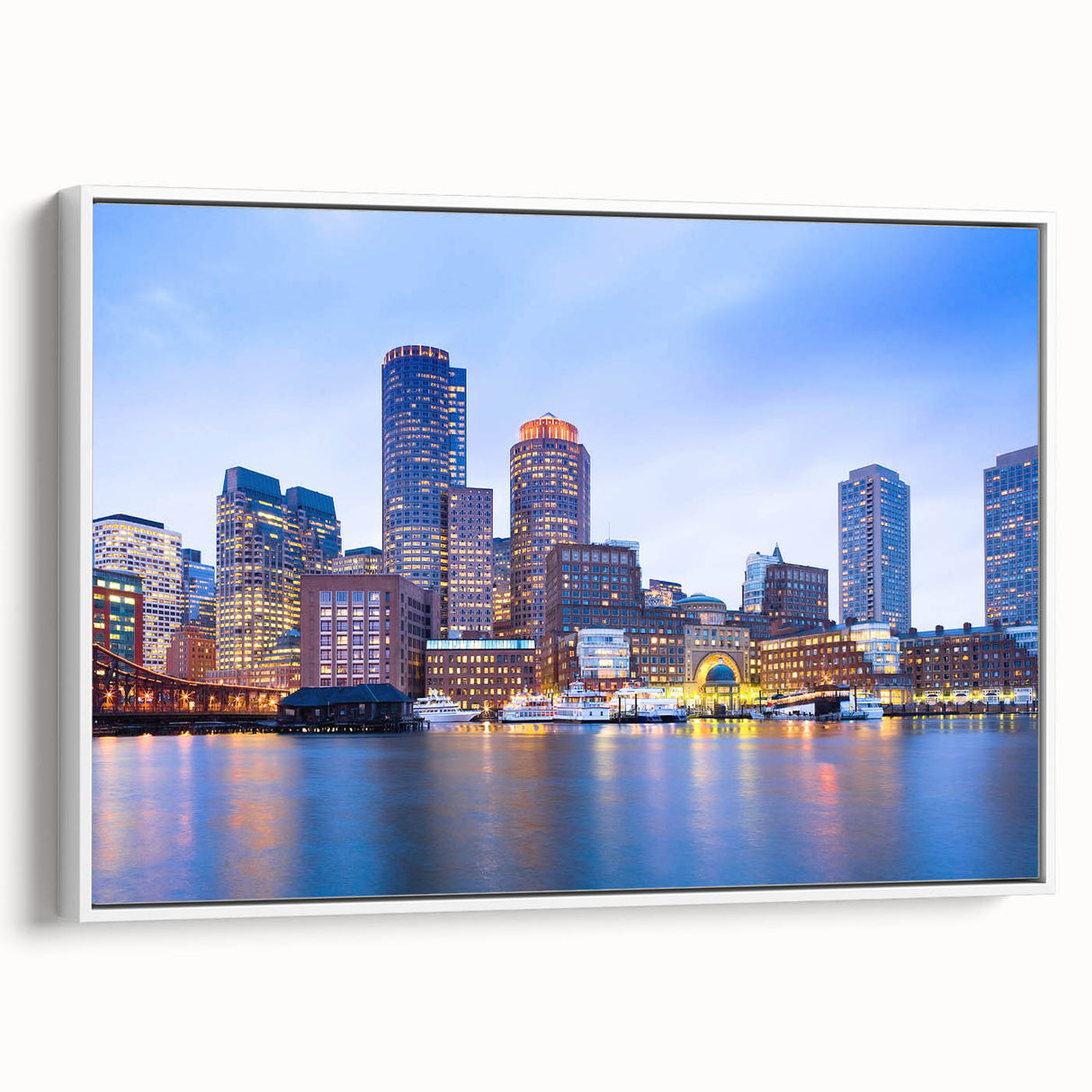 Vintage poster art of Boston skyline in vibrant colors on a large framed canvas, ideal for living room decor.