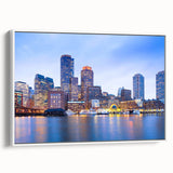 Vintage poster art of Boston skyline in vibrant colors on a large framed canvas, ideal for living room decor.