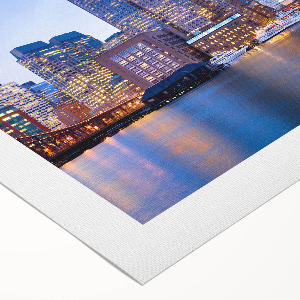 Art Deco poster of Boston skyline in muted blue tones on rolled canvas, suitable for dining room decor.