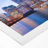 Art Deco poster of Boston skyline in muted blue tones on rolled canvas, suitable for dining room decor.