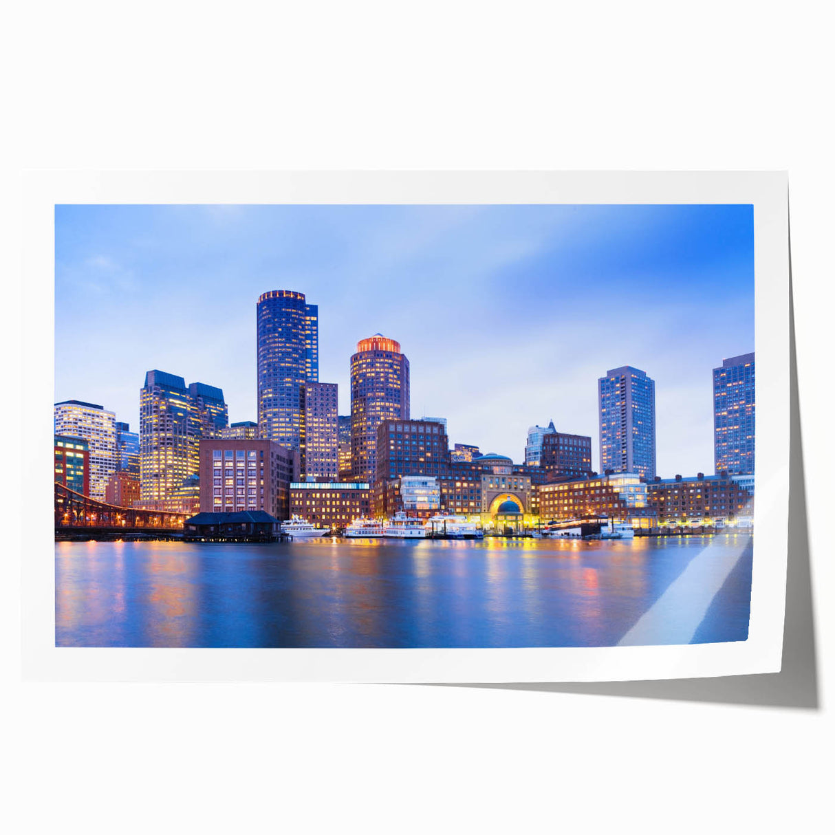 Extra large rolled print of Boston skyline in muted gray and blue tones, ideal for dining room wall art.