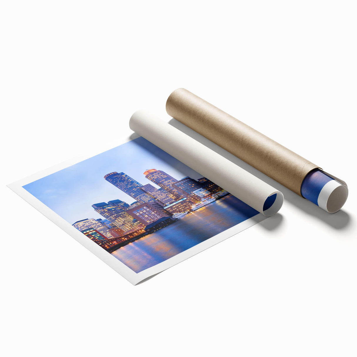 Extra large rolled print of Boston scenery with floral elements in soft pastel shades, ideal for classy bathroom wall art.