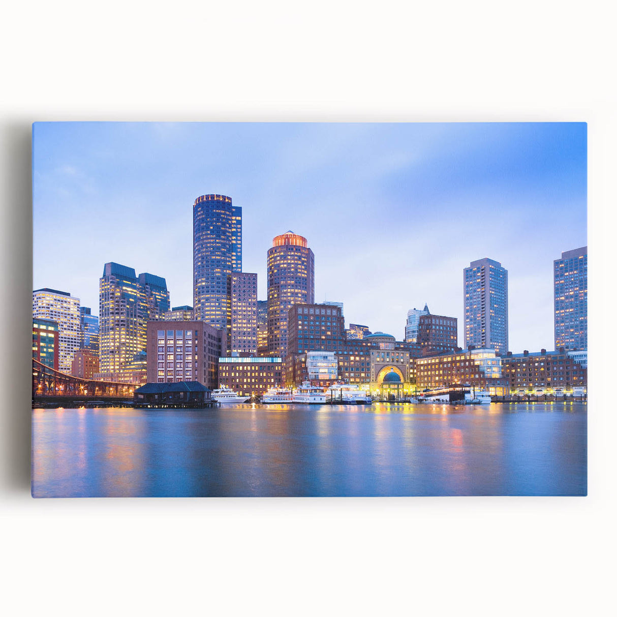 Black and white photo of Boston skyline on stretched canvas, ideal for kitchen wall art.