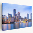 Large canvas print of the Boston skyline in muted blue and gray tones, ideal for kitchen wall art.