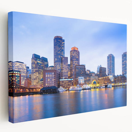 Large canvas print of the Boston skyline in muted blue and gray tones, ideal for kitchen wall art.