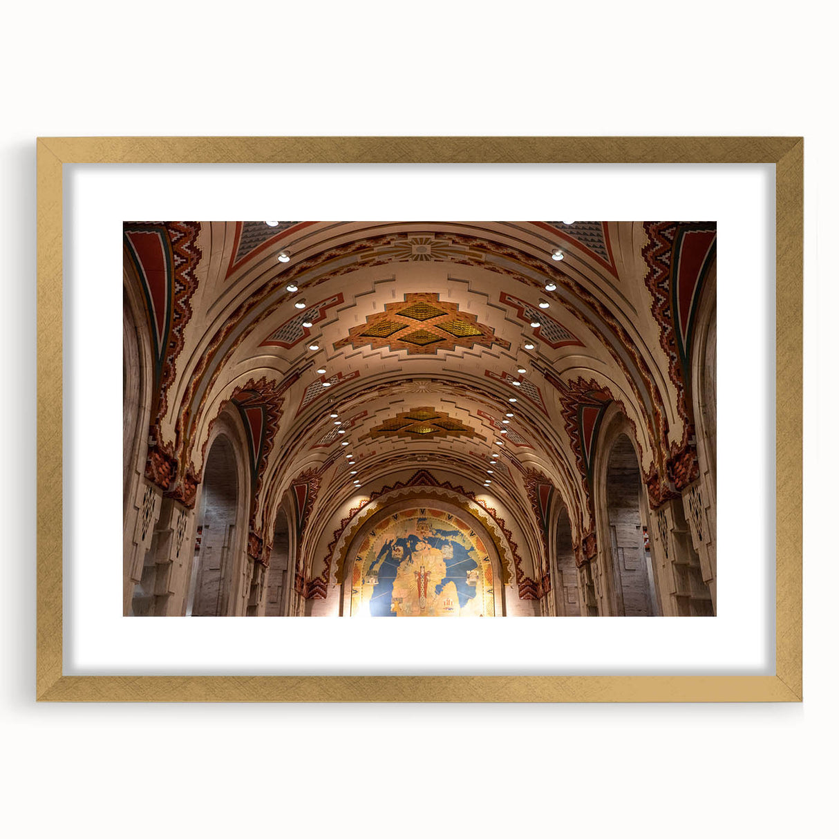 Extra large abstract art print of Detroit skyline in textured gold frame, ideal for living room decor.