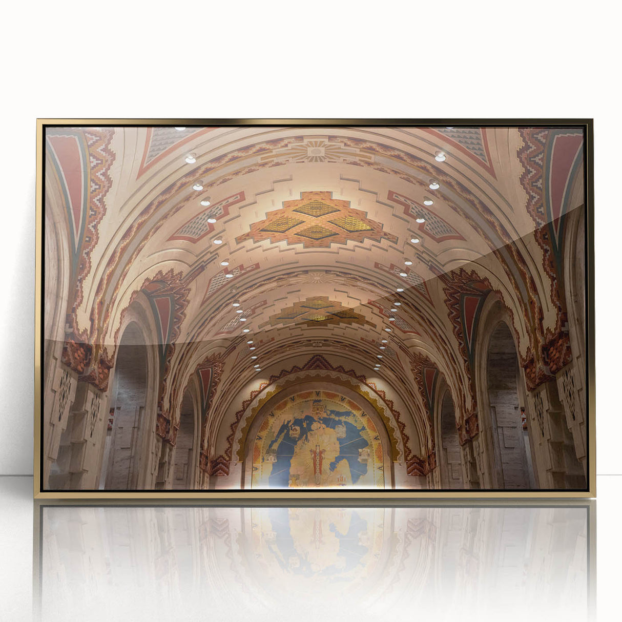 Framed acrylic print of Detroit skyline in gold and black tones, suitable for modern art wall decor.