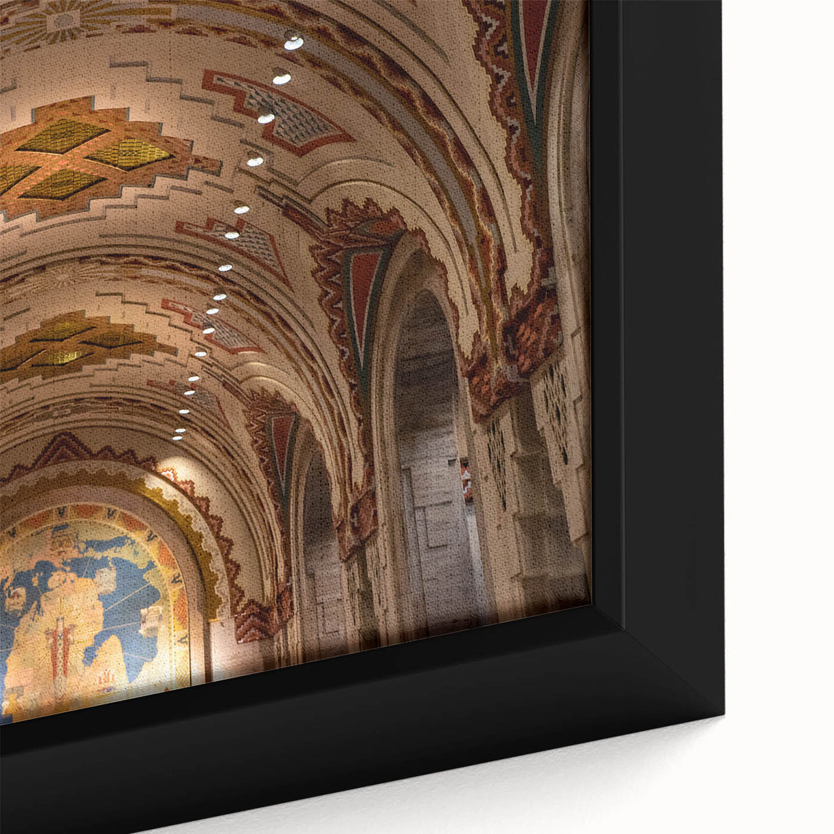 Extra large framed canvas featuring a textured depiction of Detroit's skyline in black with colorful art accents.