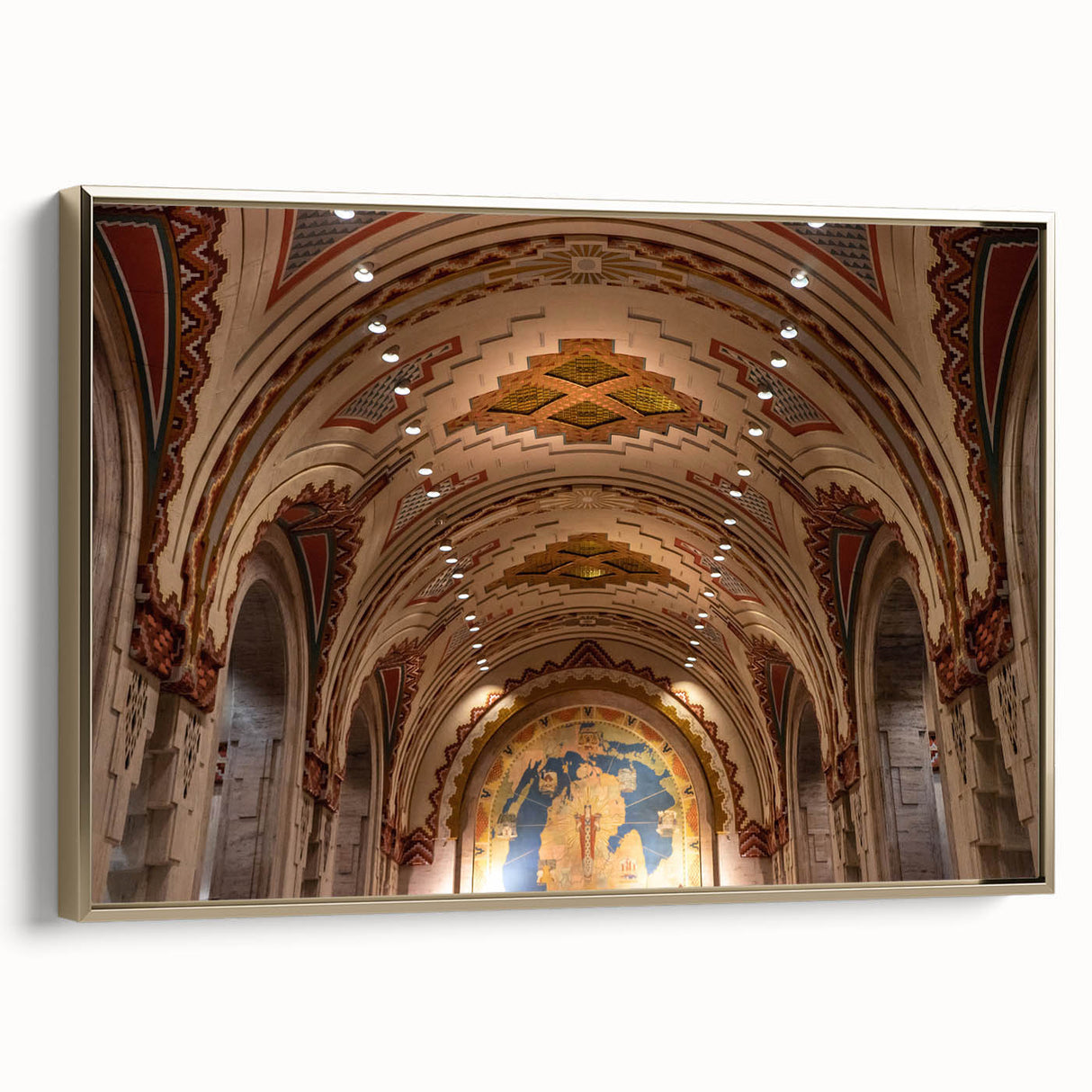 Framed canvas depicting a vintage-style Detroit landscape in black and gold tones, ideal for bedroom wall art.