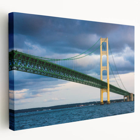 Landscape painting of Michigan's Upper Peninsula in vibrant green and blue tones on stretched canvas.