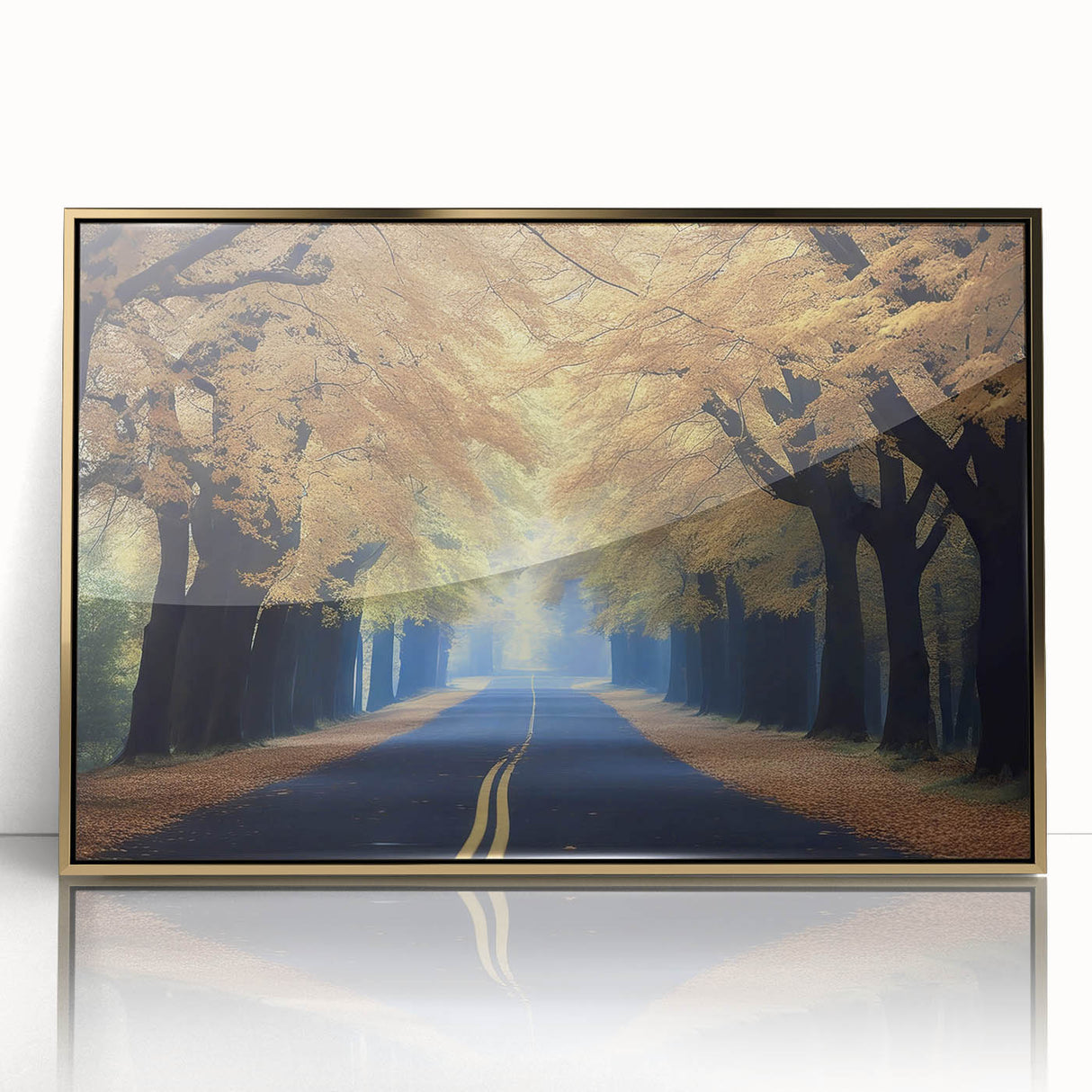 Framed acrylic print of Minneapolis skyline in gold and blue tones, ideal for modern art wall decor.