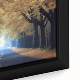 Close-up of extra large framed canvas featuring a textured Minneapolis skyline in black with colorful accents.
