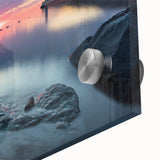 Large abstract wall art featuring a mid-century modernist design in bold colors on acrylic glass.