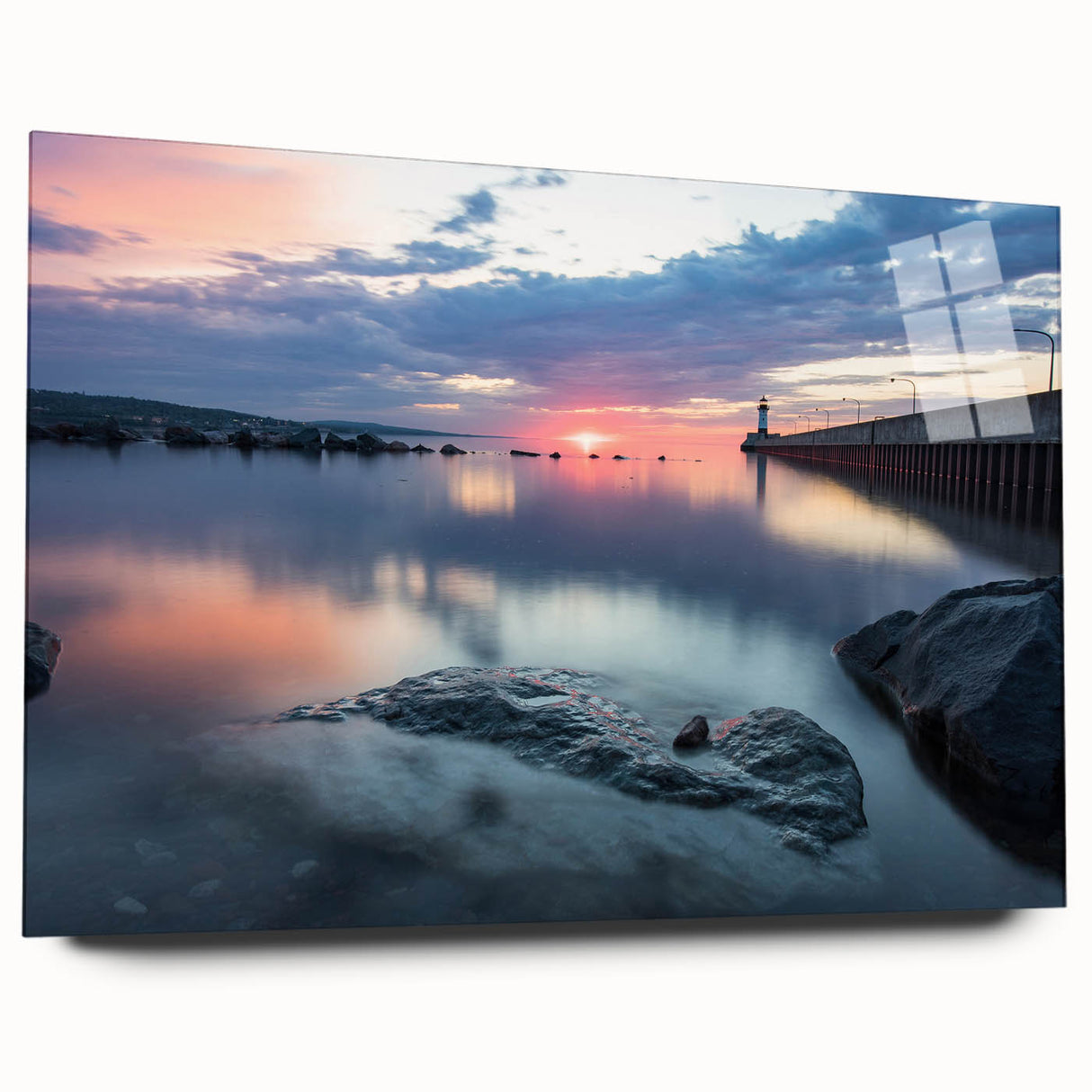 Large abstract wall art of a Minnesota landscape in muted blues and greens on acrylic glass.