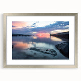 Textured art print of abstract Minnesota scenery in muted blue and green tones, framed in silver, ideal for bedroom art.