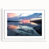 Abstract art print of a Minnesota landscape in muted greens and blues on a framed white mat, ideal for dining room decor.