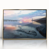 Large art print of a serene Minnesota landscape in mid-century modernist style, framed in gold acrylic.