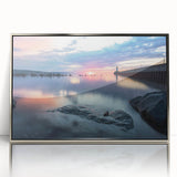 Mid-century modernist art depicting Minnesota scenery in muted earth tones on a silver-framed acrylic print.