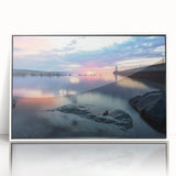 Acrylic print of a serene Minnesota landscape in soft pastel shades, framed in white, suitable for nursery wall art.