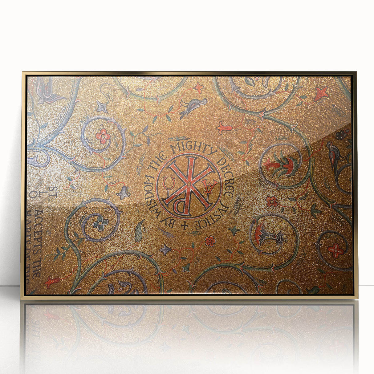 Mid-century modernist art of St. Louis skyline in gold tones on a framed acrylic, suitable for modern art wall decor.