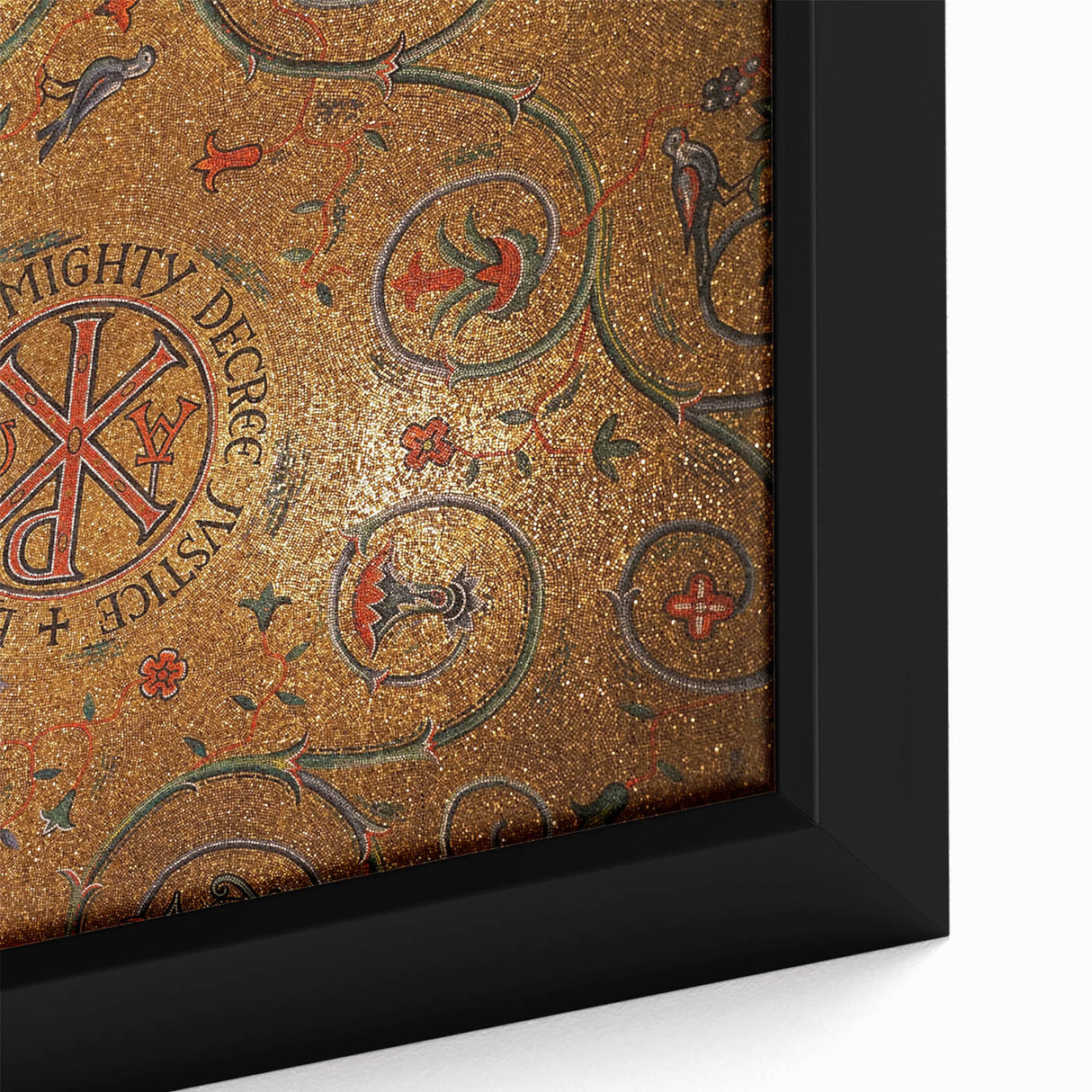 Close-up of textured black wall art featuring a colorful St.