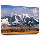 Large abstract wall art of Montana scenery in muted earth tones on acrylic glass, ideal for bedroom or dining room decor.