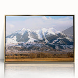 Large art print of Montana scenery in mid-century modernist style, acrylic print in gold frame.