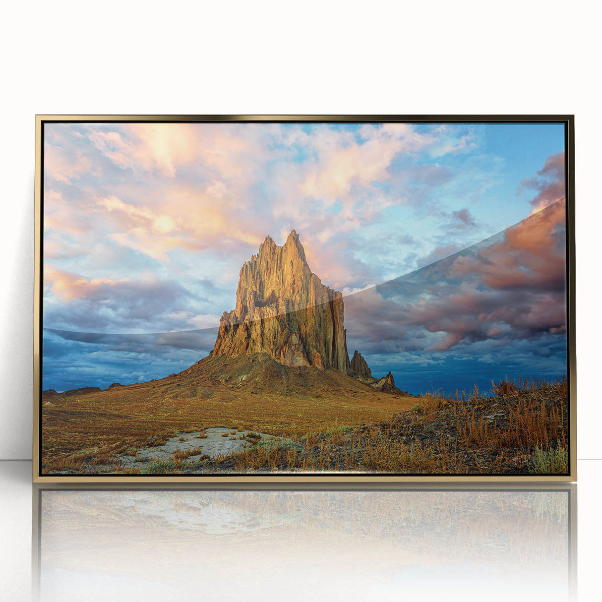 Large art print of a New Mexico landscape on gold-framed acrylic, featuring mid-century modernist style.
