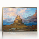 Large art print of a New Mexico landscape on gold-framed acrylic, featuring mid-century modernist style.