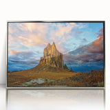 Mid-century modernist art depicting a New Mexico landscape in muted earth tones, framed acrylic.