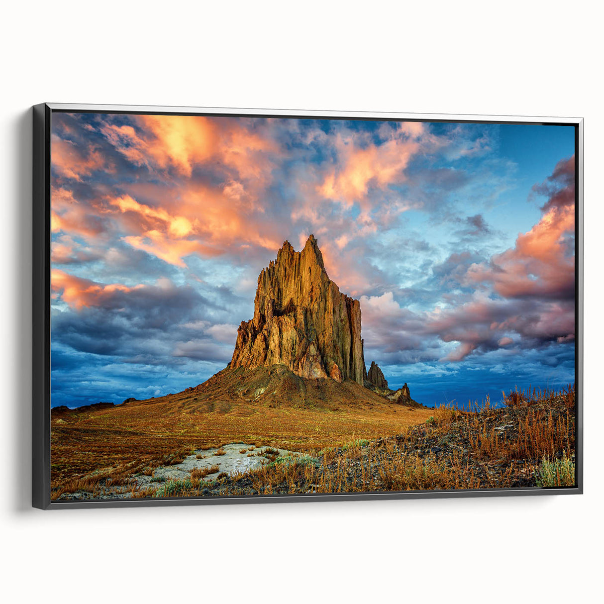 Black and white framed canvas of New Mexico landscape, ideal for bedroom wall art.