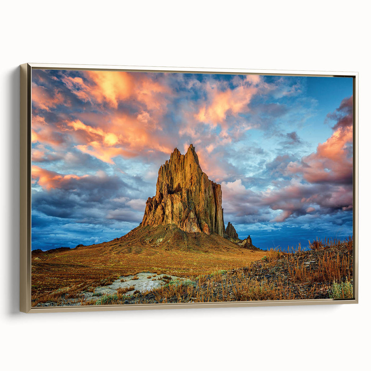 Framed canvas depicting a vintage-style New Mexico landscape in muted earth tones, ideal for bedroom wall art.