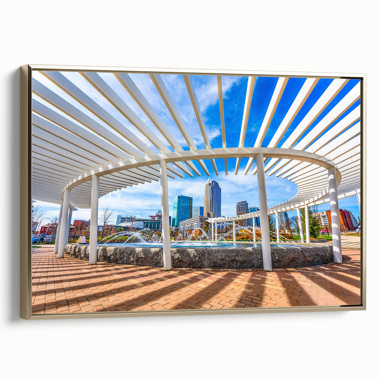 Framed canvas featuring a vintage-style landscape of Charlotte, North Carolina in black and gold tones.