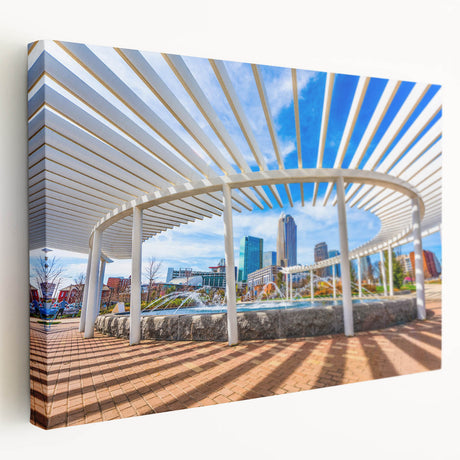 Charlotte, North Carolina cityscape on stretched canvas, featuring muted gray and blue tones, ideal for kitchen wall art.