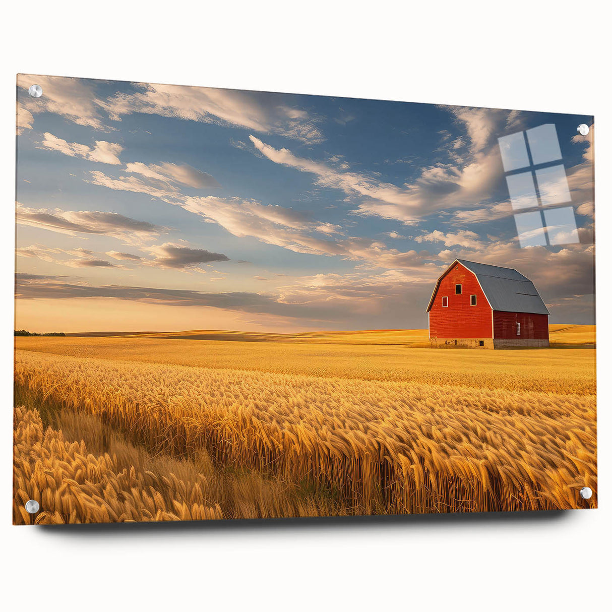 Large abstract depiction of North Dakota scenery in muted earth tones on acrylic glass.