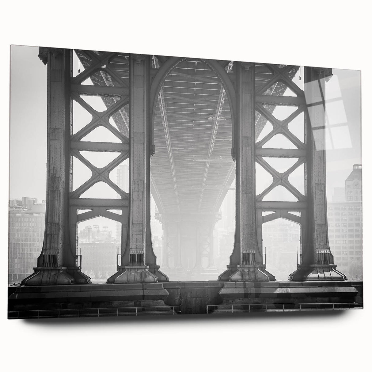 Acrylic print of the Brooklyn Bridge in grayscale, ideal for bedroom or dining room art.