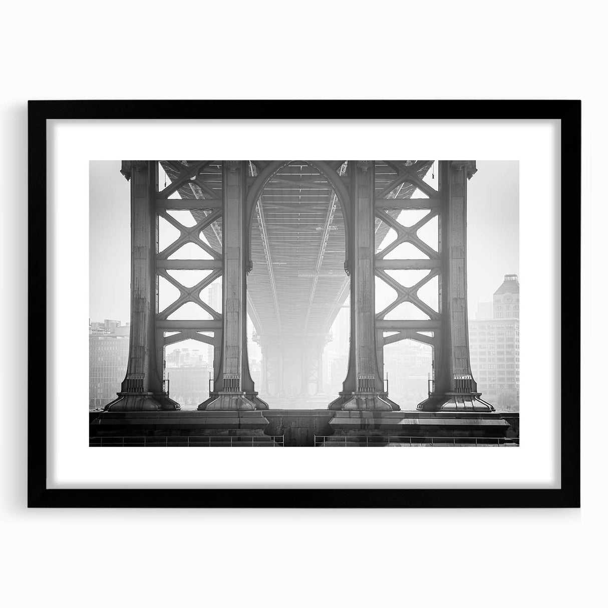 Extra large colorful art print of Brooklyn Bridge in abstract style with textured appearance on a framed black mat.