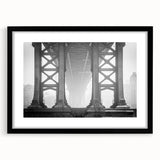 Extra large colorful art print of Brooklyn Bridge in abstract style with textured appearance on a framed black mat.