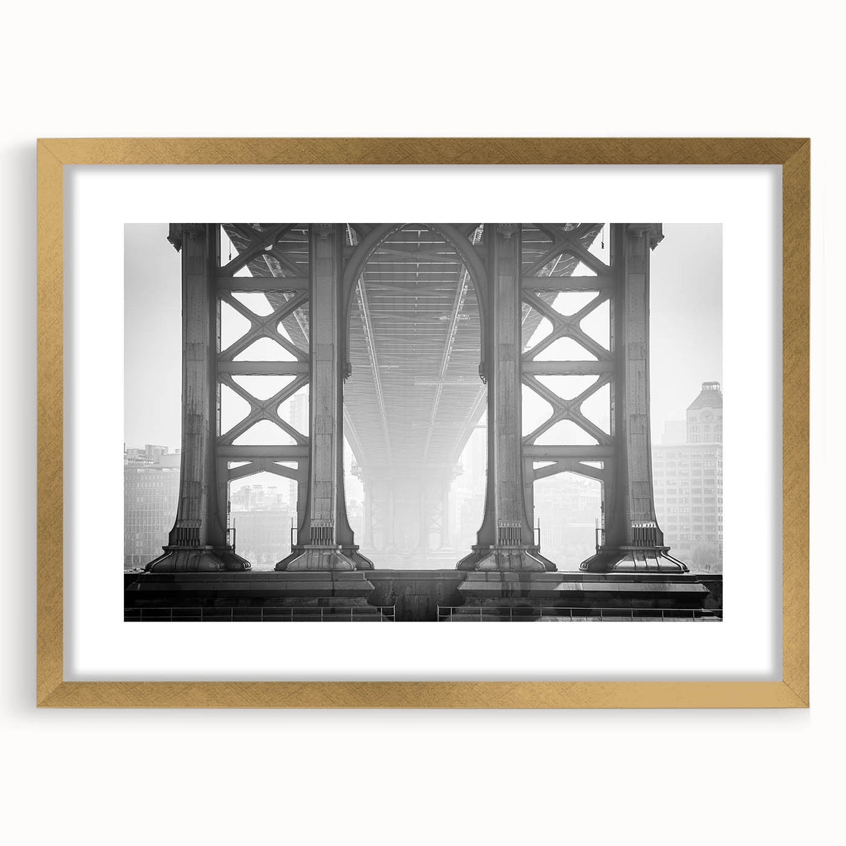 Extra large wall art depicting Brooklyn Bridge in textured abstract style with muted colors, framed with a gold mat.