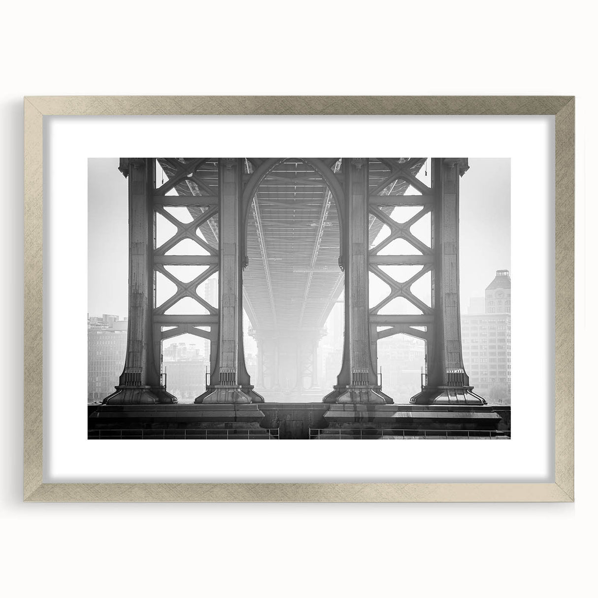 Textured art print of the Brooklyn Bridge in muted gray tones on a framed silver canvas, ideal for bedroom art.