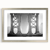 Textured art print of the Brooklyn Bridge in muted gray tones on a framed silver canvas, ideal for bedroom art.