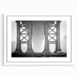 Abstract art print of the Brooklyn Bridge in muted gray and blue tones on a framed poster, suitable for dining room decor.