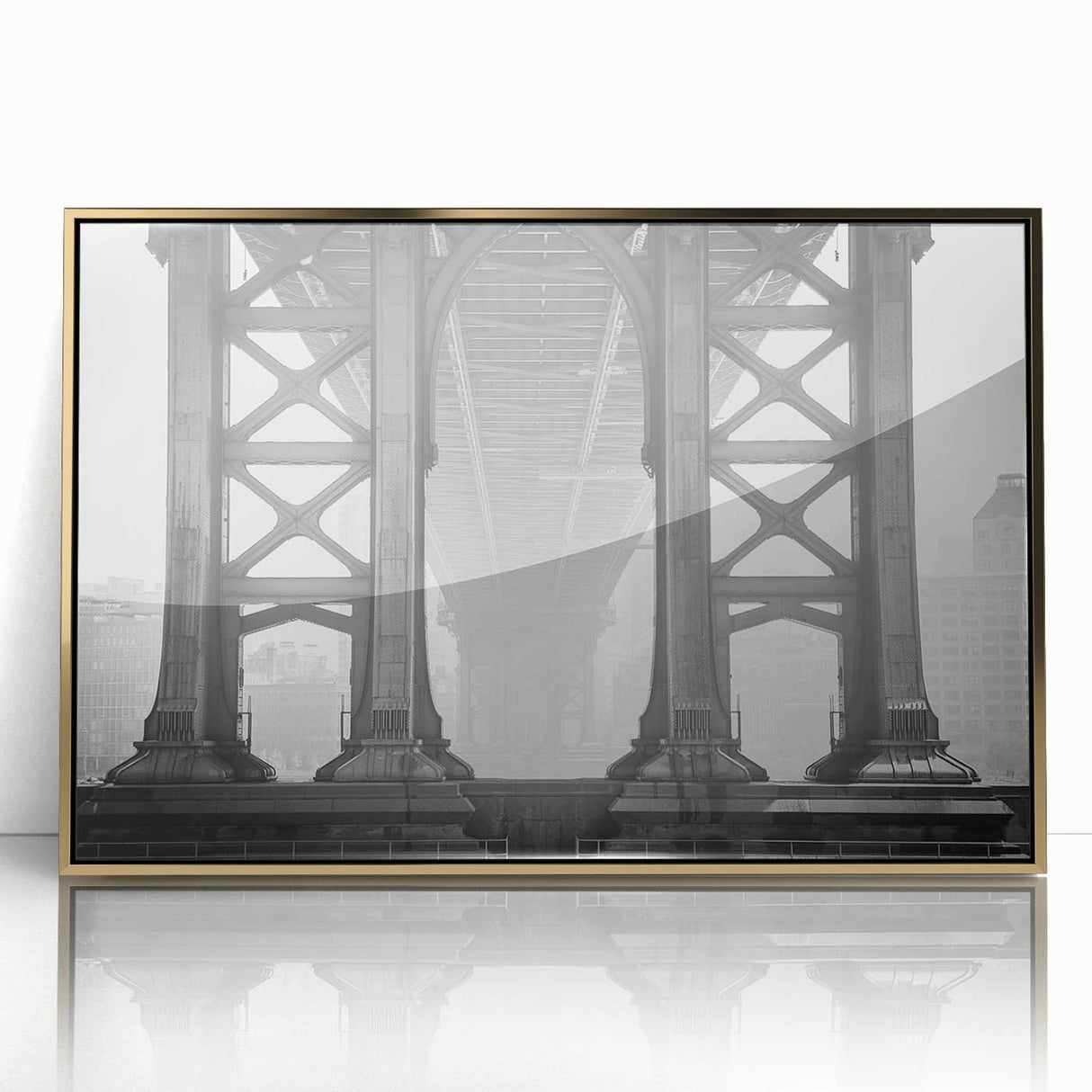 Acrylic print of the Brooklyn Bridge in gold tones, styled in mid-century modernist art, suitable for modern decor.
