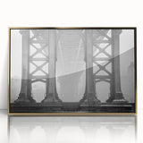 Acrylic print of the Brooklyn Bridge in gold tones, styled in mid-century modernist art, suitable for modern decor.
