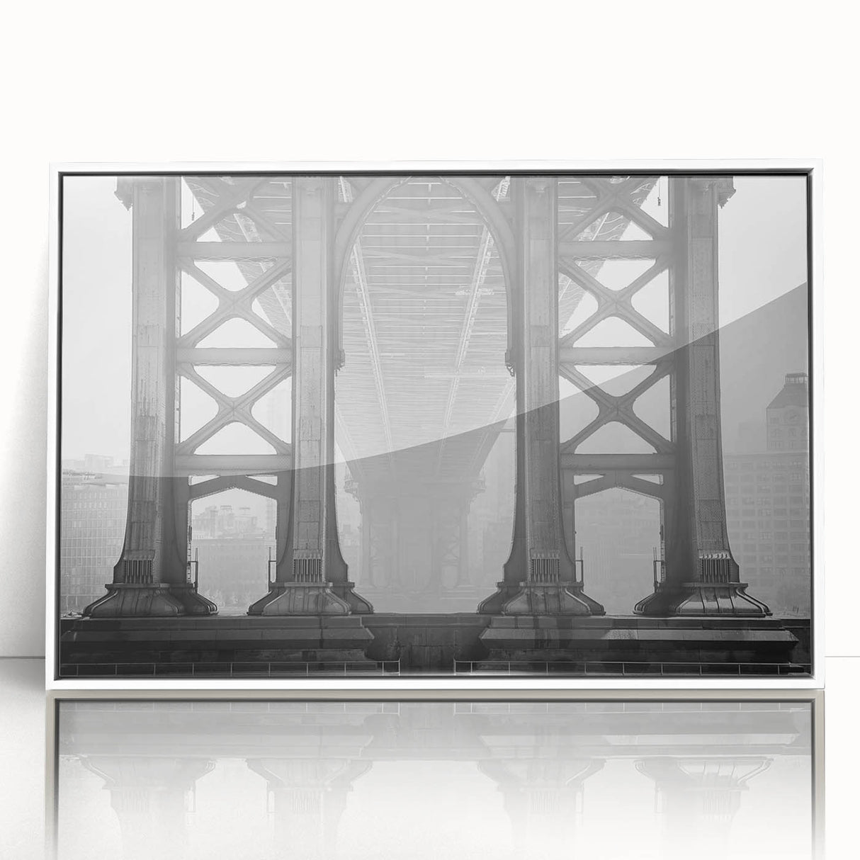 Acrylic print of the Brooklyn Bridge in monochrome, framed in white, suitable for modern art wall decor.