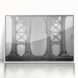Acrylic print of the Brooklyn Bridge in monochrome, framed in white, suitable for modern art wall decor.
